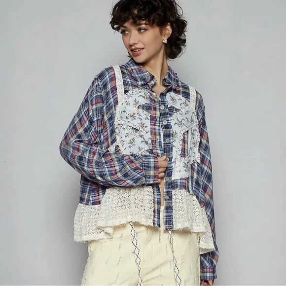 POL Plaid Pattern with Peace Patch Shirt - Picture 2 of 5
